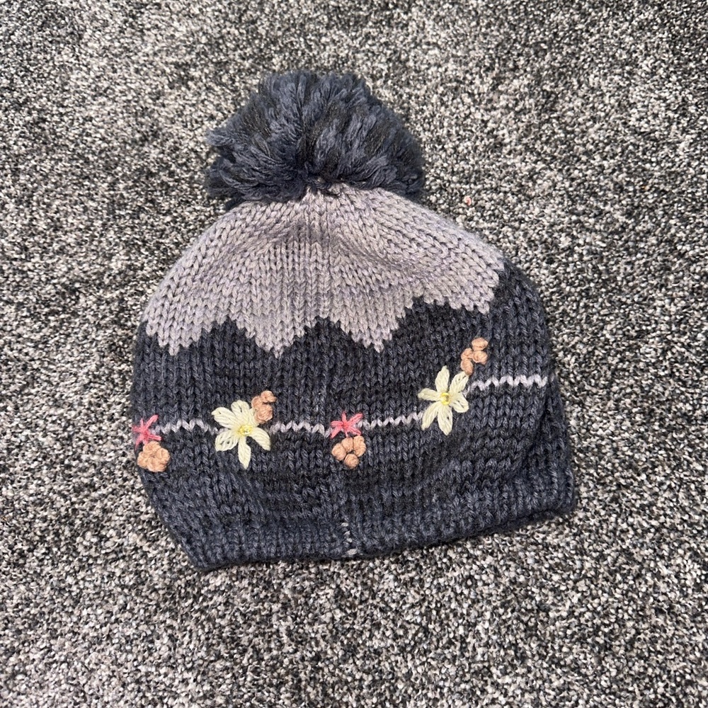 Gray and Black Knit Beanie with Pom-Pom